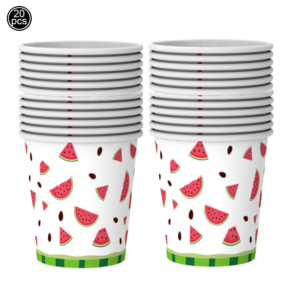 Un jeu de 20 gobelets en papier à motif pastèque pour boissons ou nourriture.