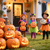 Three children in costumes pose among carved pumpkins and Halloween decorations.