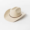 A beige wool cowboy hat with a brown studded leather band shown from above.