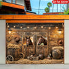 A rustic wooden barn wall tapestry featuring carved doors and equestrian decor like a horse head and a cowboy hat.