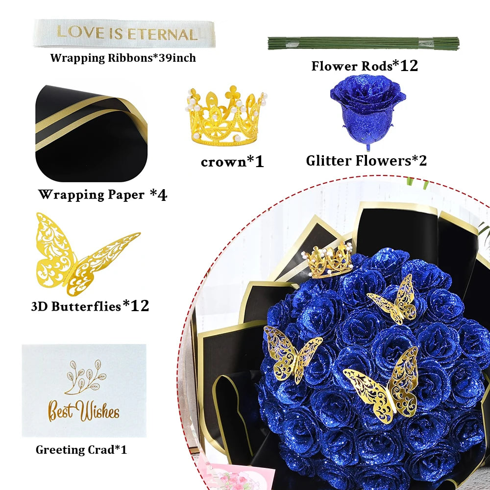 A dark blue artificial rose bouquet featuring glitter flowers and gold butterflies