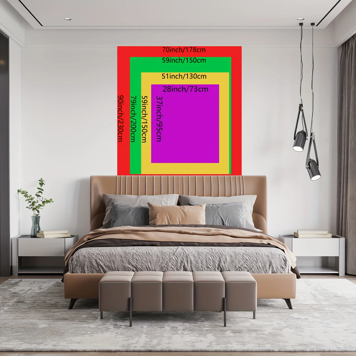 A bedroom featuring a bed with a headboard and a large framed art piece displaying various sized colored rectangles.