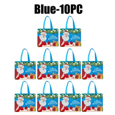 Blue 10-piece set of festive Christmas gift bags with Santa designs and handles