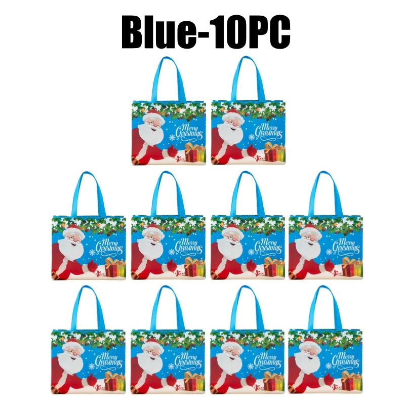Blue 10-piece set of festive Christmas gift bags with Santa designs and handles