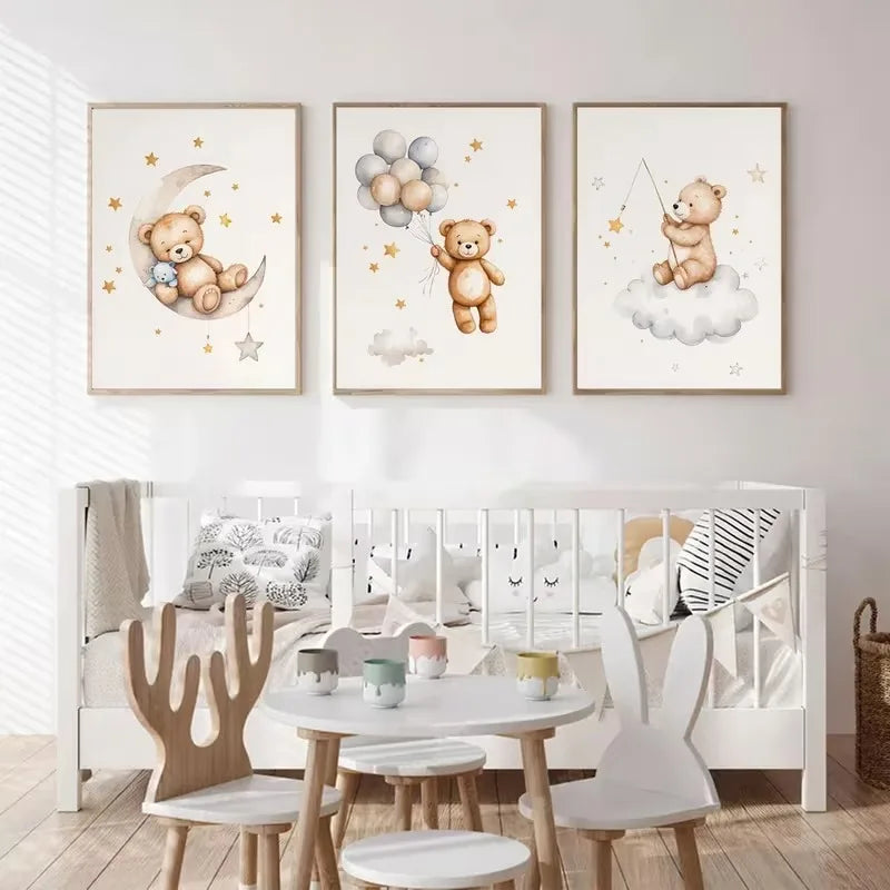 A set of three canvas art prints featuring teddy bears and moons in a nursery setting.