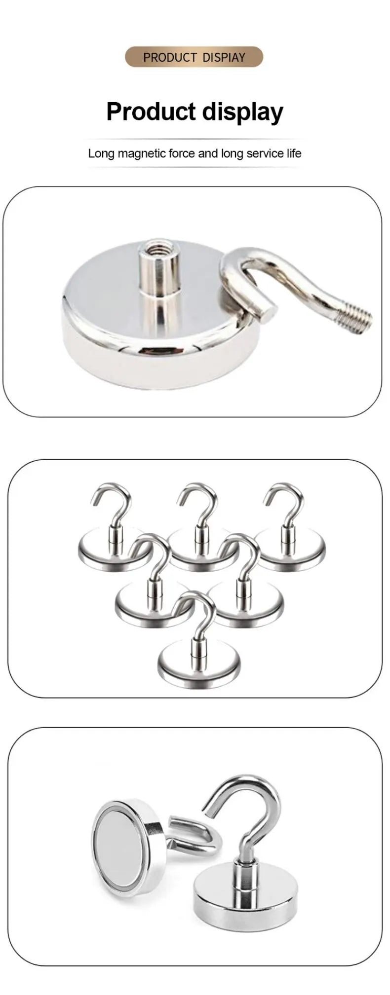 A display of ten strong magnetic hooks used for organization in kitchen, office, and bathroom settings.