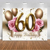 A gold number 60 is featured on a backdrop with pink roses and gold confetti for a birthday photo booth decoration.