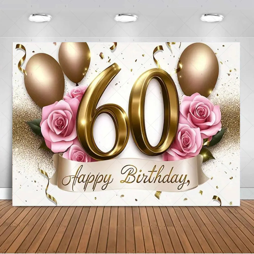 A gold number 60 is featured on a backdrop with pink roses and gold confetti for a birthday photo booth decoration.