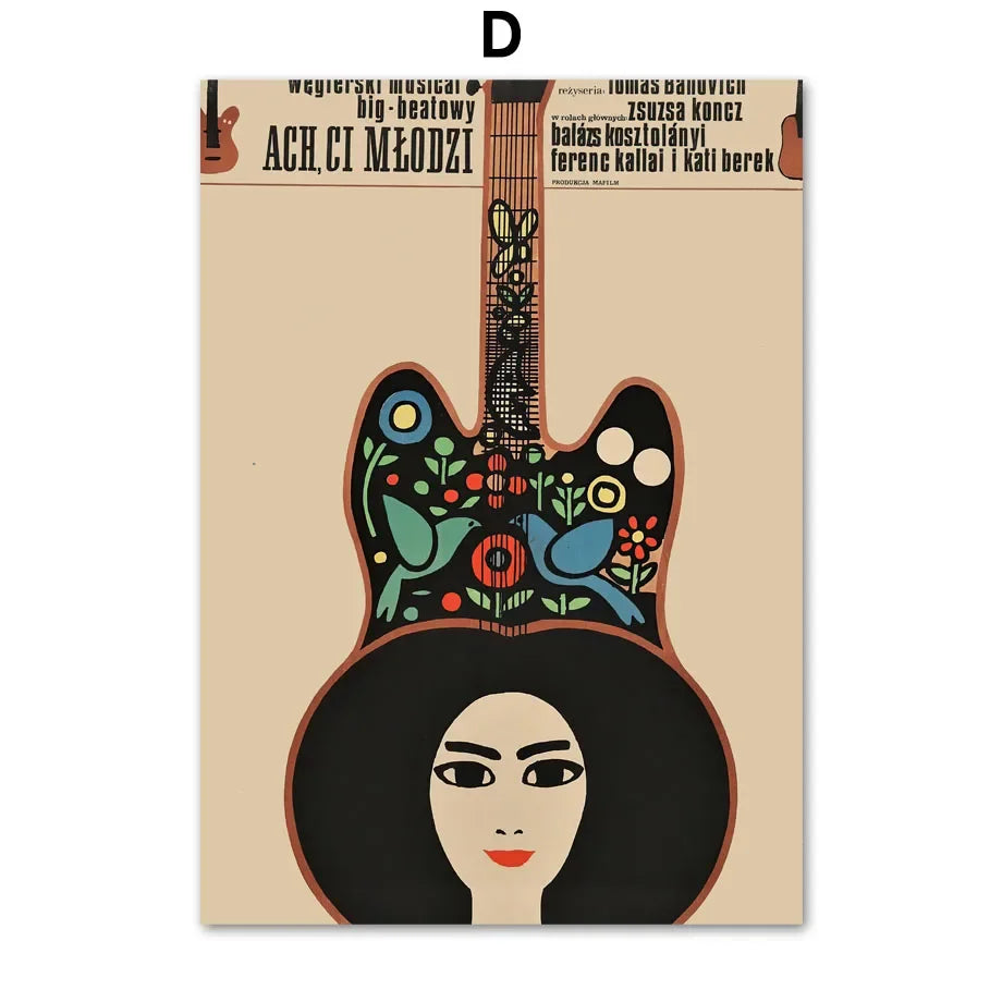 Abstract music canvas wall art featuring a stylized guitar silhouette and a woman's face in earthy tones.