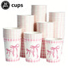 A set of 30 pink and white checkered cups with pink bows for a birthday party.
