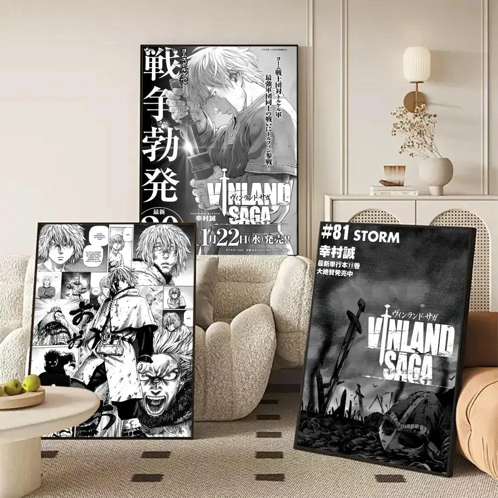 A poster featuring characters from Vinland Saga anime, displayed on a wooden frame.