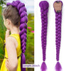 A purple braided ponytail hairpiece for kids shown on a person's head and separately.