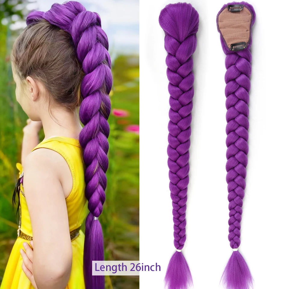 A purple braided ponytail hairpiece for kids shown on a person's head and separately.
