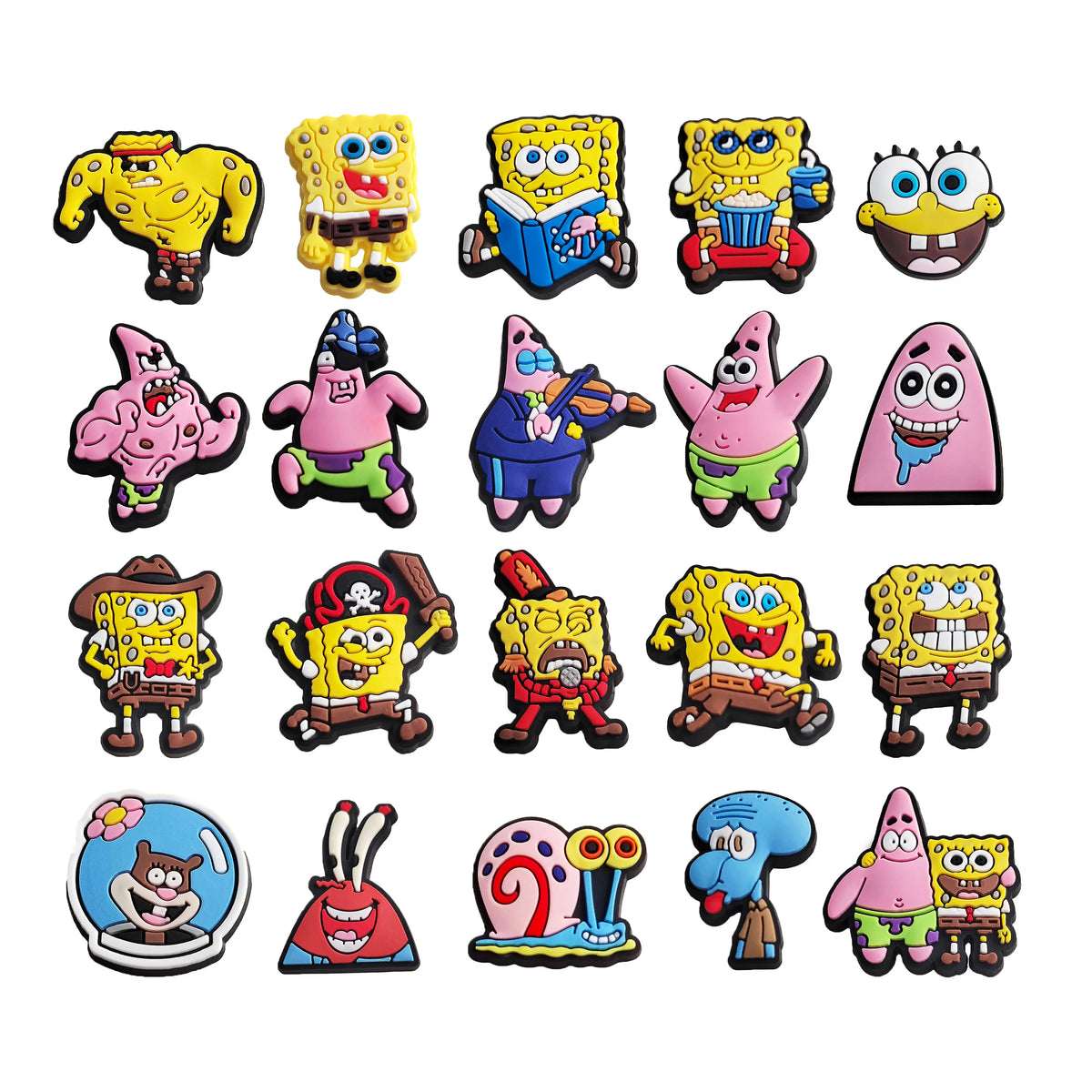 A collection of SpongeBob SquarePants themed shoe charms featuring various characters and items.