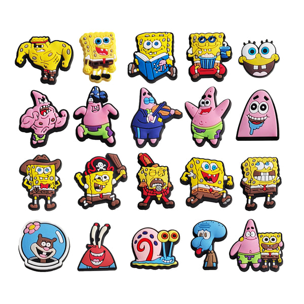 A collection of SpongeBob SquarePants themed shoe charms featuring various characters and items.