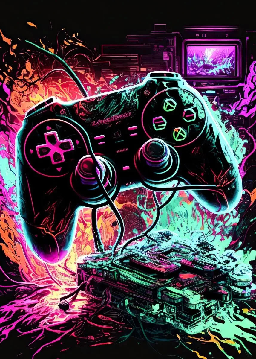 A black video game controller is featured in a vibrant neon glow against an explosive, colorful background.