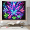 A vibrant neon cannabis leaf tapestry wall hanging featuring purple, pink, and blue light effects.