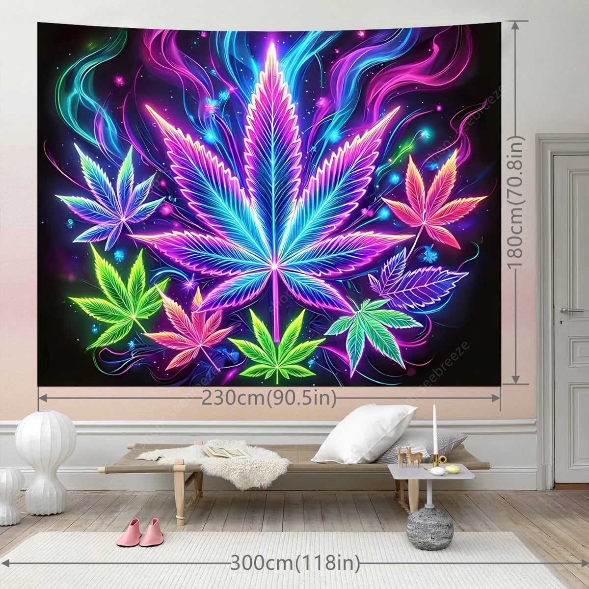 A vibrant neon cannabis leaf tapestry wall hanging featuring purple, pink, and blue light effects.