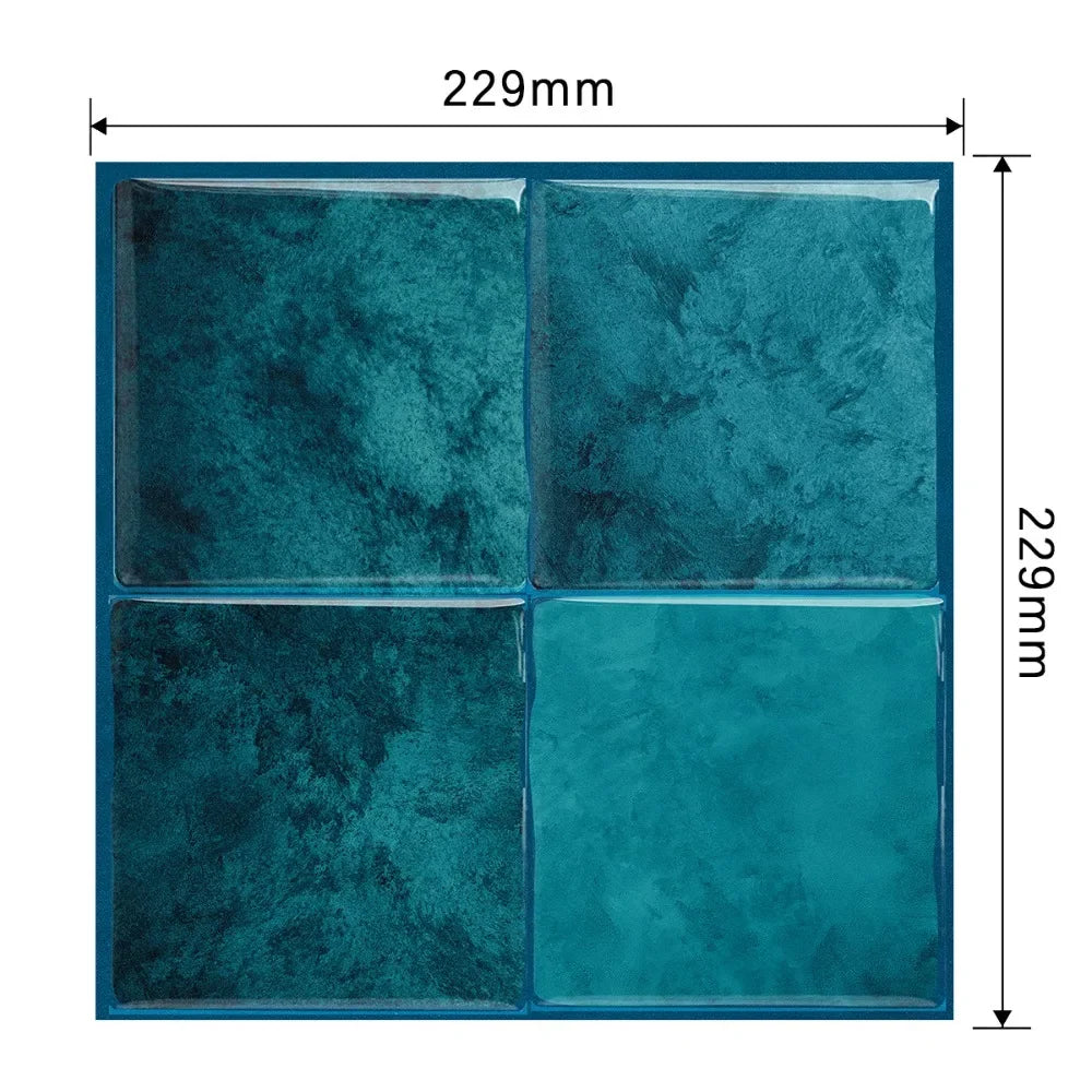A rectangular teal marble tile backsplash featuring four square sections, measuring 229mm by 229mm.