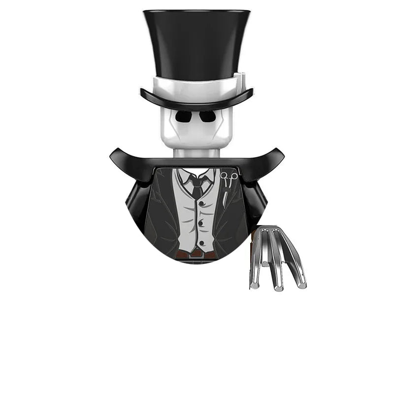 A black and white horror movie icon building blocks set featuring a stylized skull and top hat.