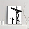 Black and white abstract canvas wall art print featuring a silhouette of the Son of God cross.
