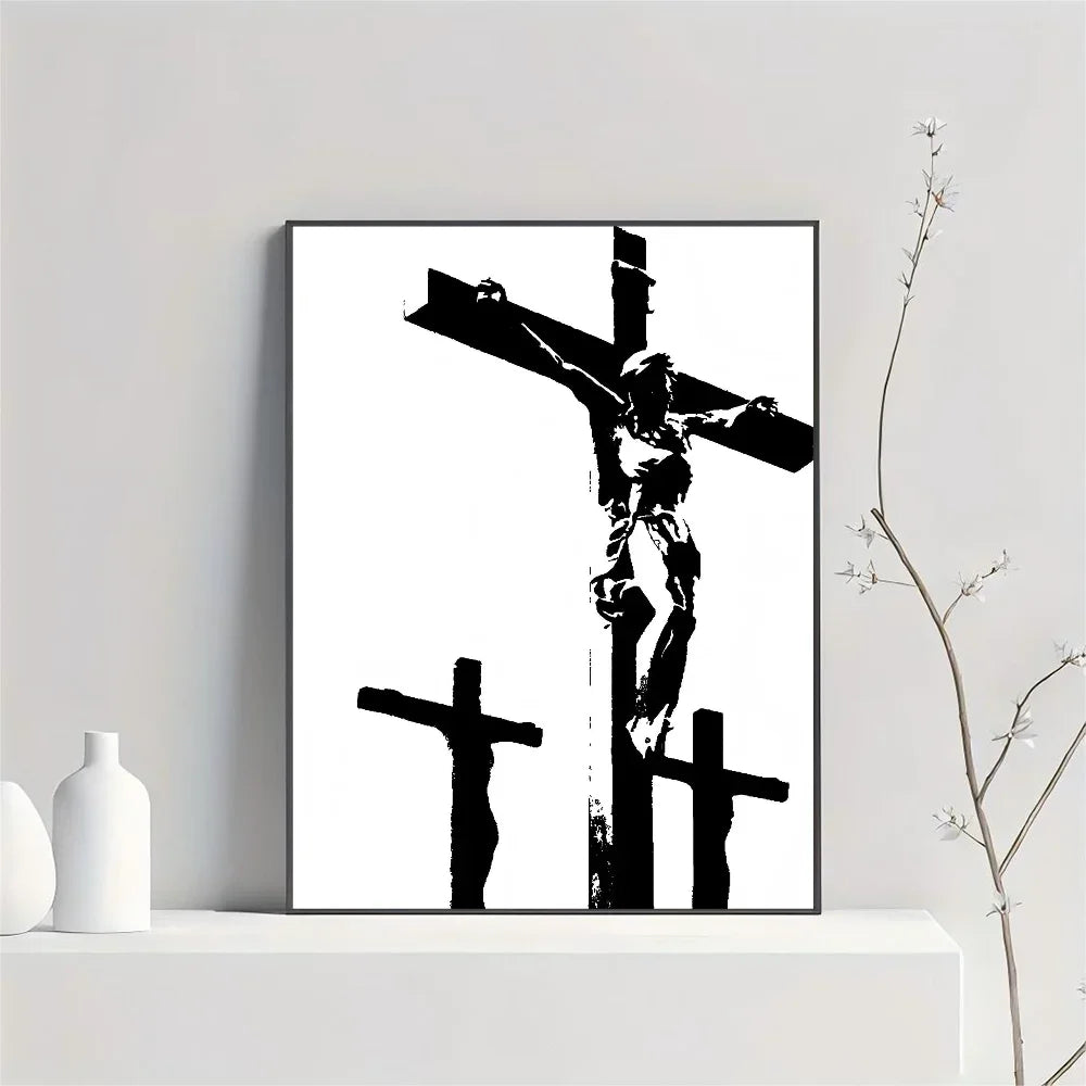 Black and white abstract canvas wall art print featuring a silhouette of the Son of God cross.