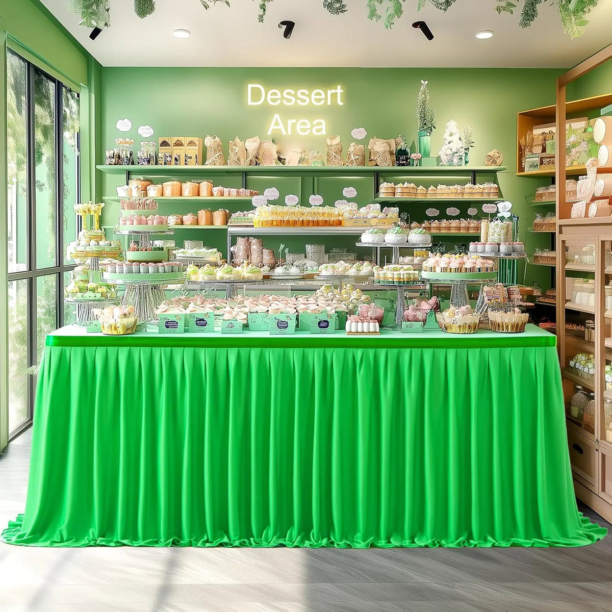 A bright green pleated polyester table skirt draped over a display table in a dessert area.