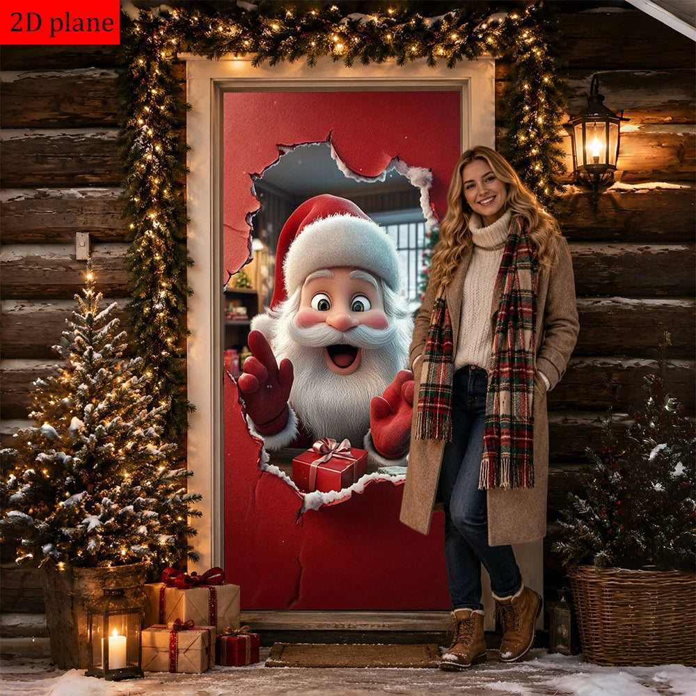 A woman stands in front of a festive Christmas door cover featuring Santa Claus and a wreath on a wooden wall.