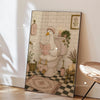 A vertical canvas print featuring a white duck sitting on a toilet surrounded by greenery and vintage decor.