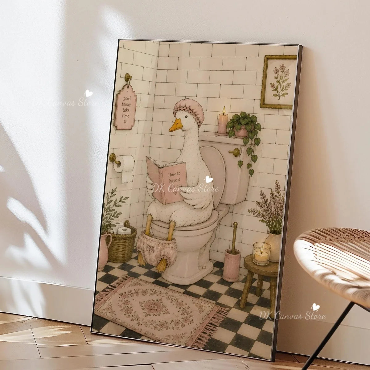A vertical canvas print featuring a white duck sitting on a toilet surrounded by greenery and vintage decor.