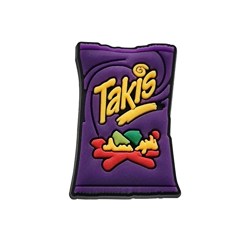 Purple Takis themed PVC shoe charm featuring a stylized Takis logo and colorful chili peppers.