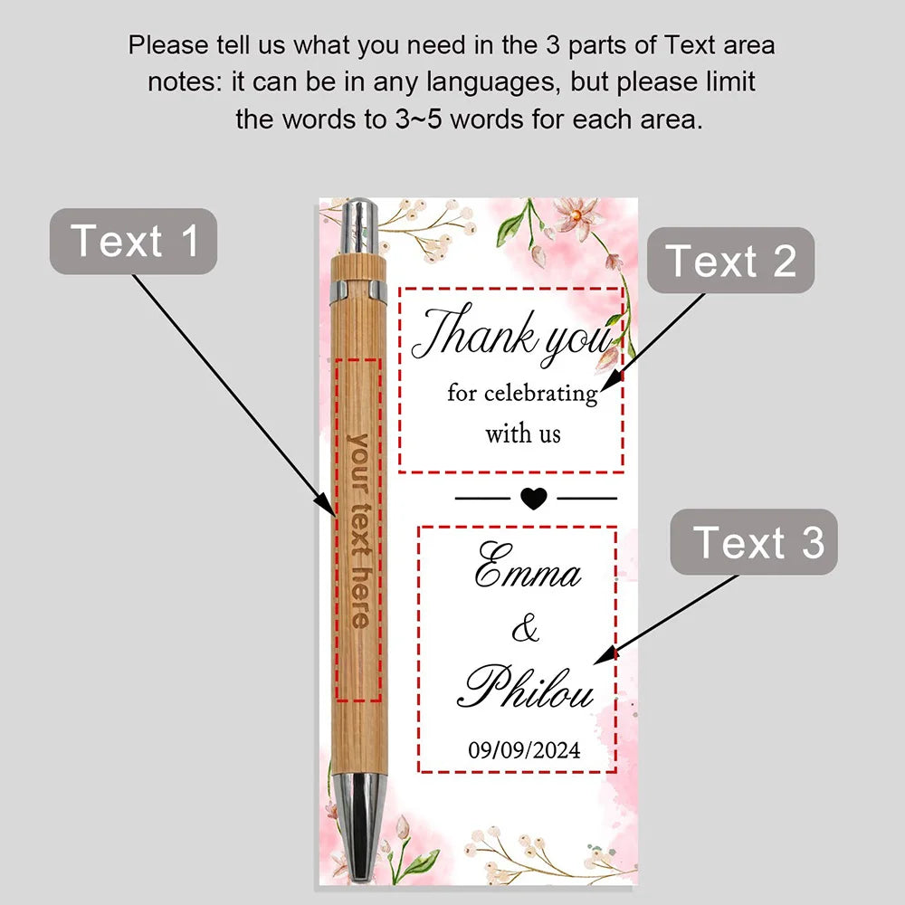 A set of personalized engraved bamboo pens with thank you cards featuring text and names