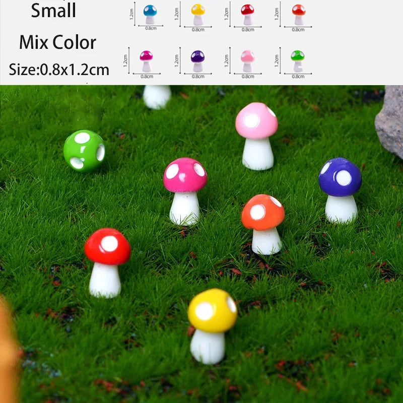 A set of small resin mini mushroom figurines in various colors like green, purple, pink, and yellow placed on green grass.