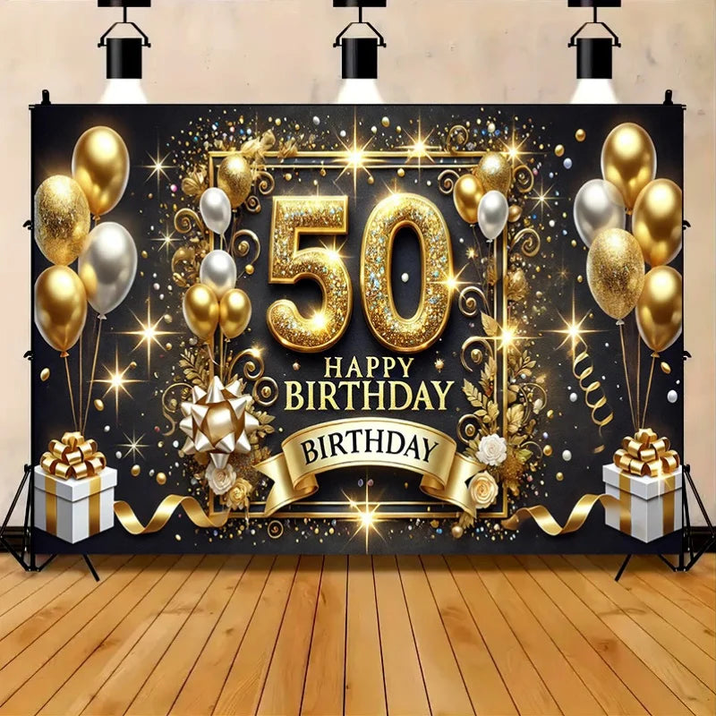 A black banner for a 50th birthday party featuring gold and silver balloons, sparkling accents, and decorative elements.