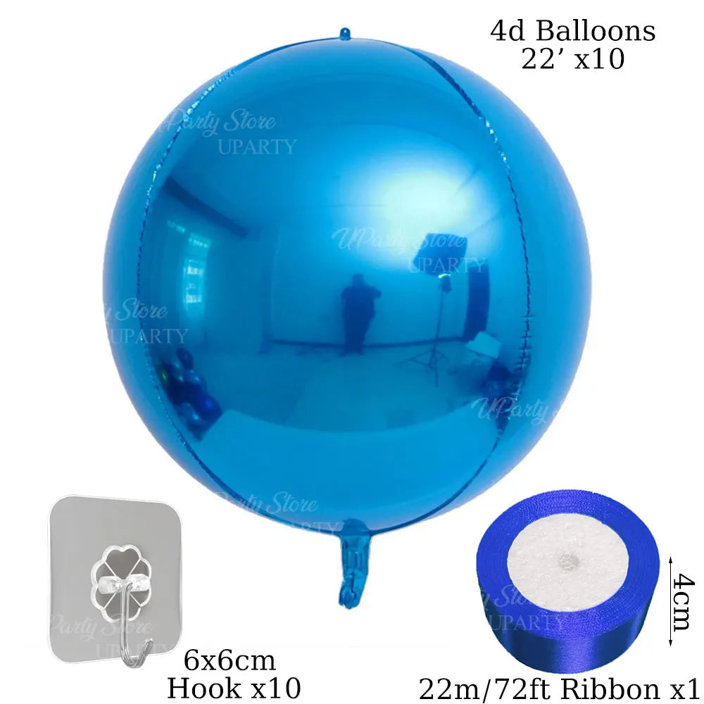 A blue round 4D foil balloon with a ribbon and a silver hook are shown next to the product.