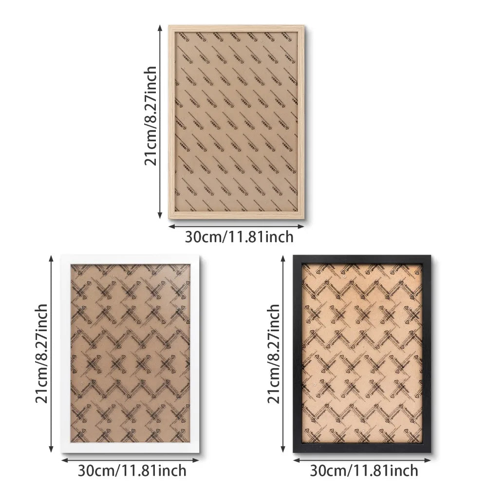 A rectangular wooden photo frame with a beige patterned insert and a black border.