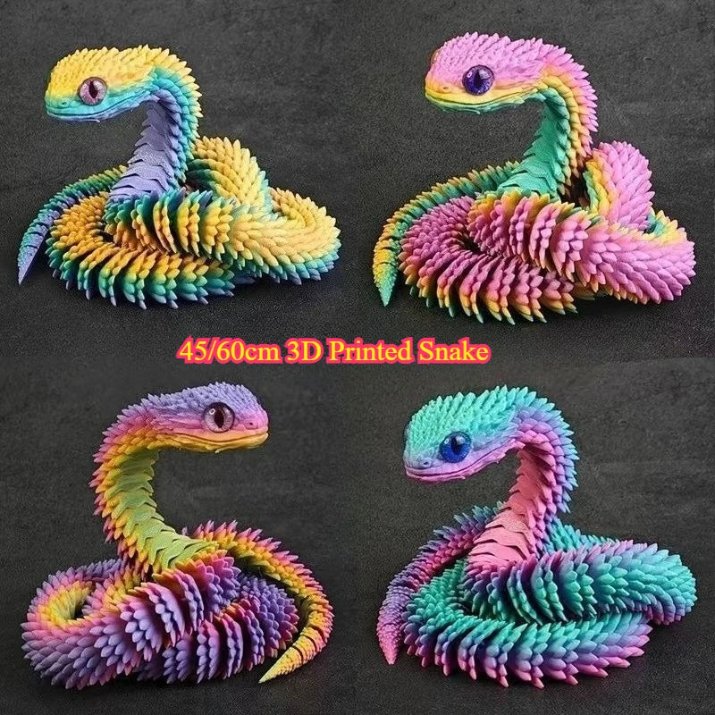 Four colorful 3D printed snake art models in various shades of yellow, green, pink, and purple