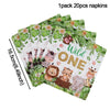 A pack of 20 patterned napkins featuring a wild one theme with jungle animals and green foliage.