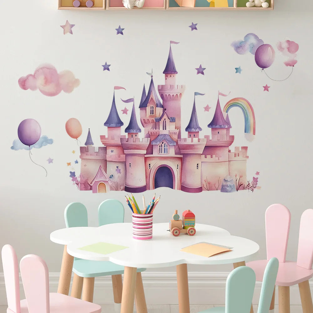 A wall decal featuring a pink castle with purple accents and a rainbow arch on a white wall.