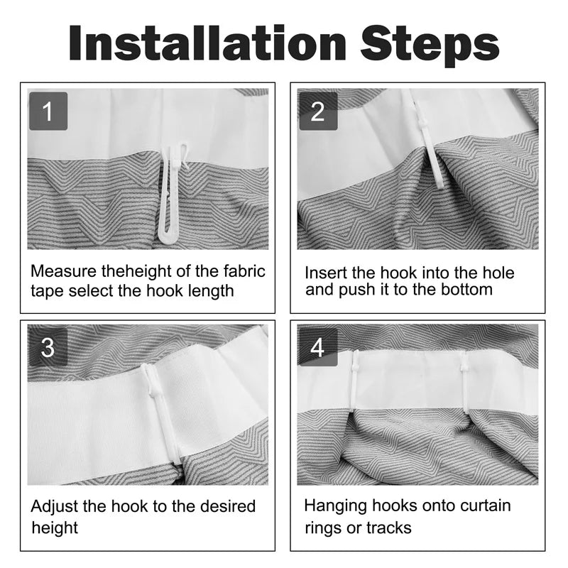 Four steps showing how to install curtain hooks for pleated drapes