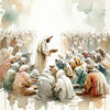Watercolor painting depicting Jesus as a shepherd among a crowd of people.