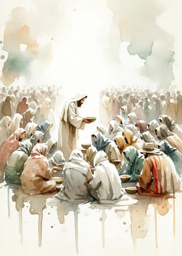 Watercolor painting depicting Jesus as a shepherd among a crowd of people.