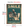 A vintage-style canvas print featuring a skull and skeleton man squatting over a toilet with the text SMILE YOU'RE LOSING WEI