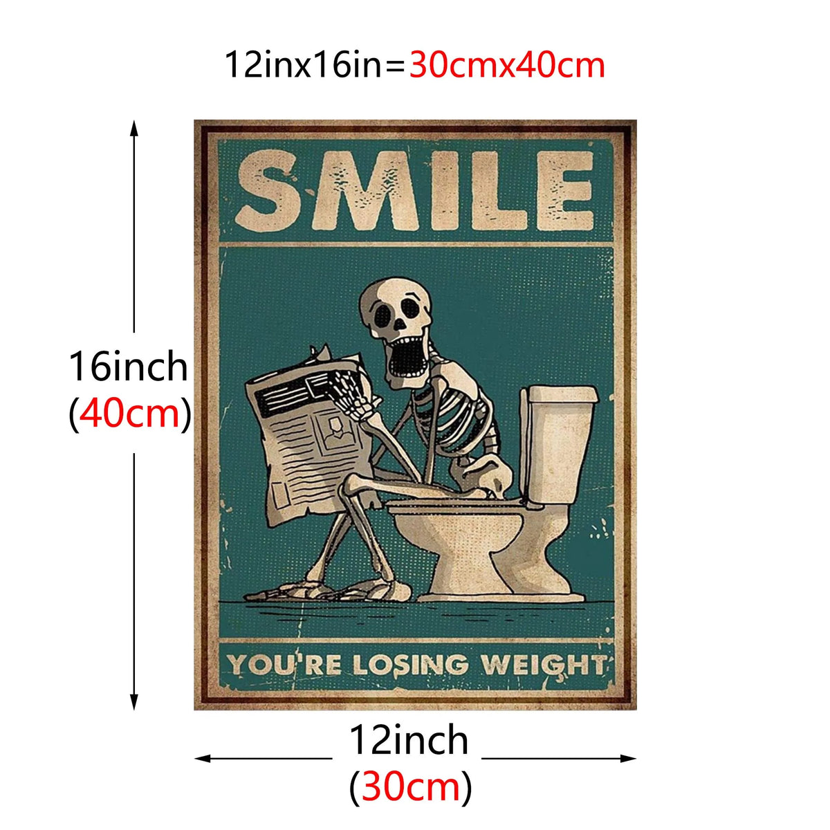 A vintage-style canvas print featuring a skull and skeleton man squatting over a toilet with the text SMILE YOU'RE LOSING WEI