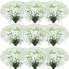 A cluster of white baby's breath artificial flowers with green stems.