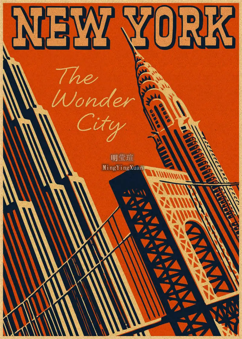 A retro movie poster featuring the New York skyline, including the Empire State Building and modern skyscrapers, in orange an
