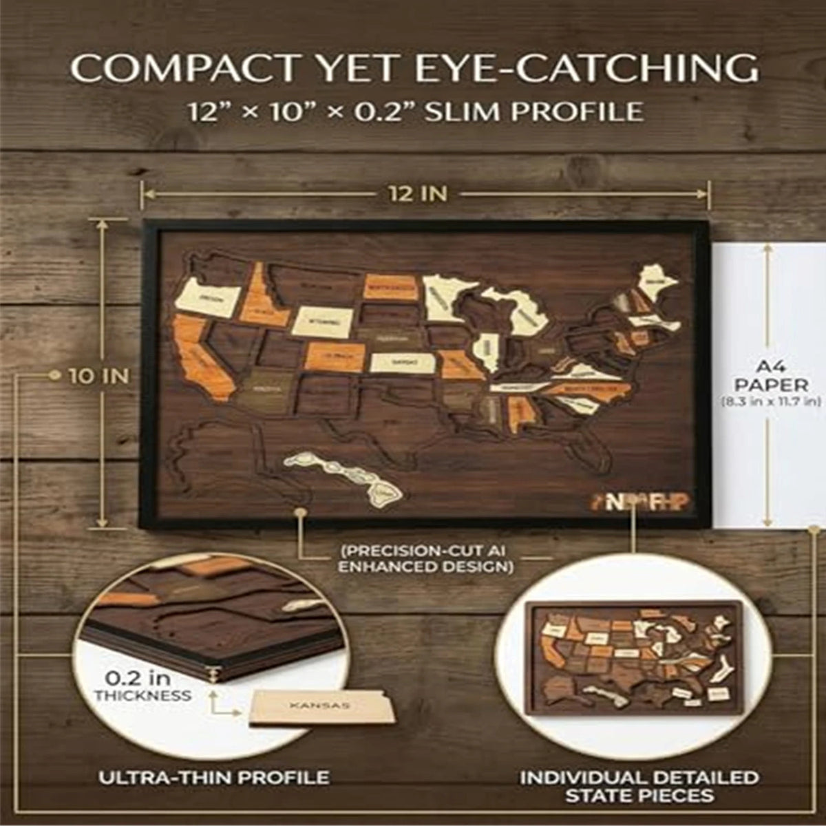 Kompuzzles mit Karte der USA aus Holz, einzelne Bundesstaatenstücke mit verbessertem Design.