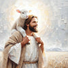 A painting depicting Jesus holding a lamb against a bright, circular light background.