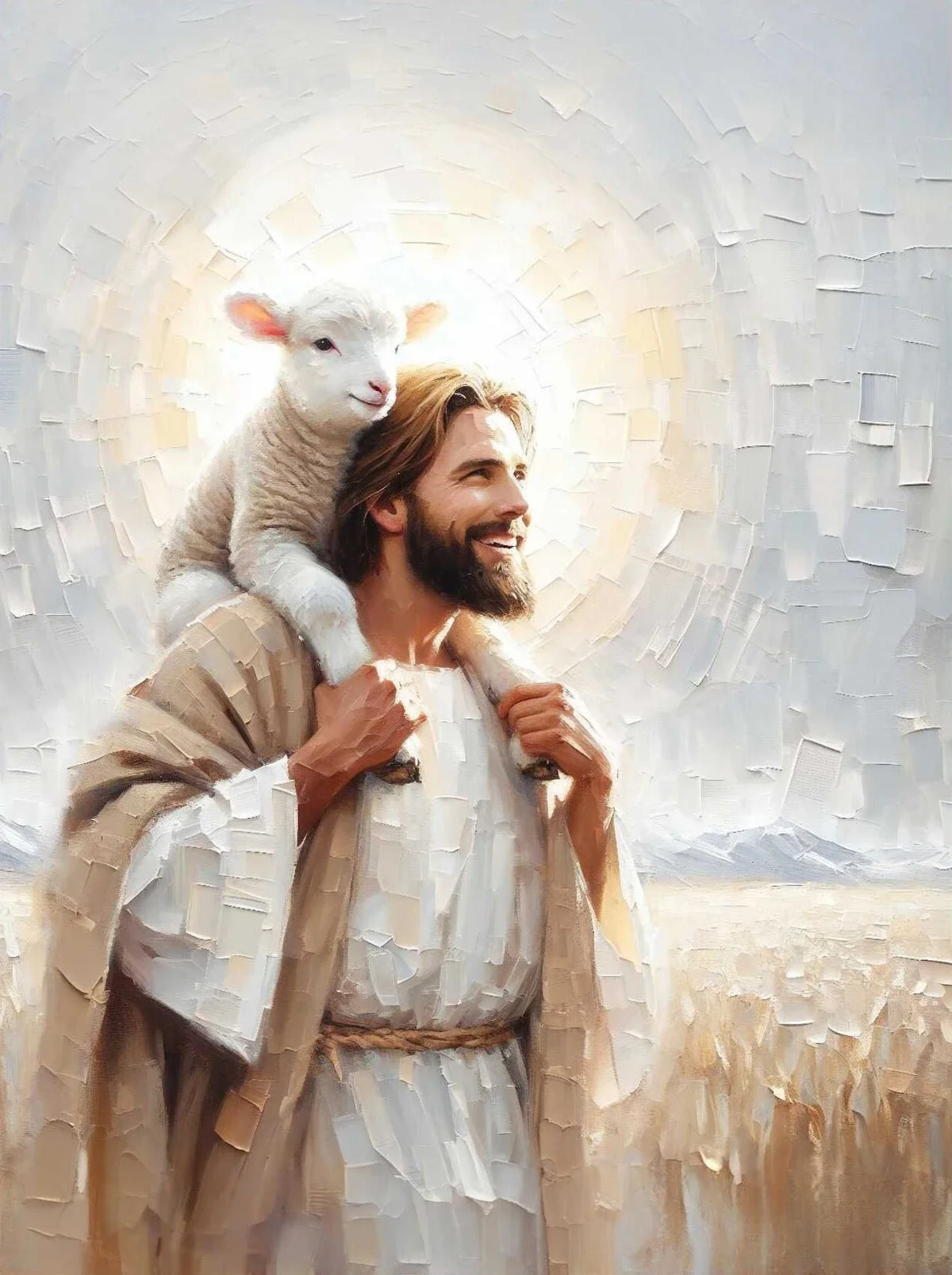 A painting depicting Jesus holding a lamb against a bright, circular light background.