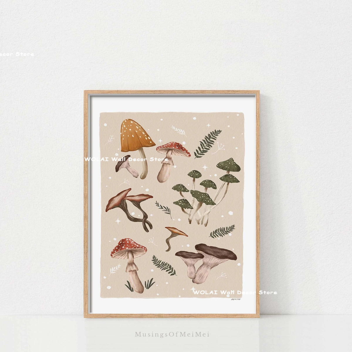 Botanical philodendron canvas wall art featuring various green plants and mushrooms on a beige background